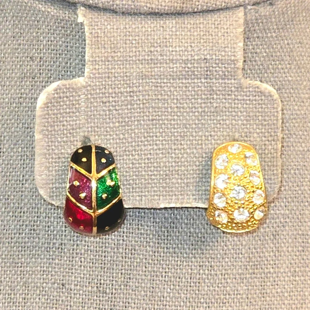 Joan Rivers Reversible Earrings Gold Tone Enamel & Rhinestone Clip On VTG 1990's